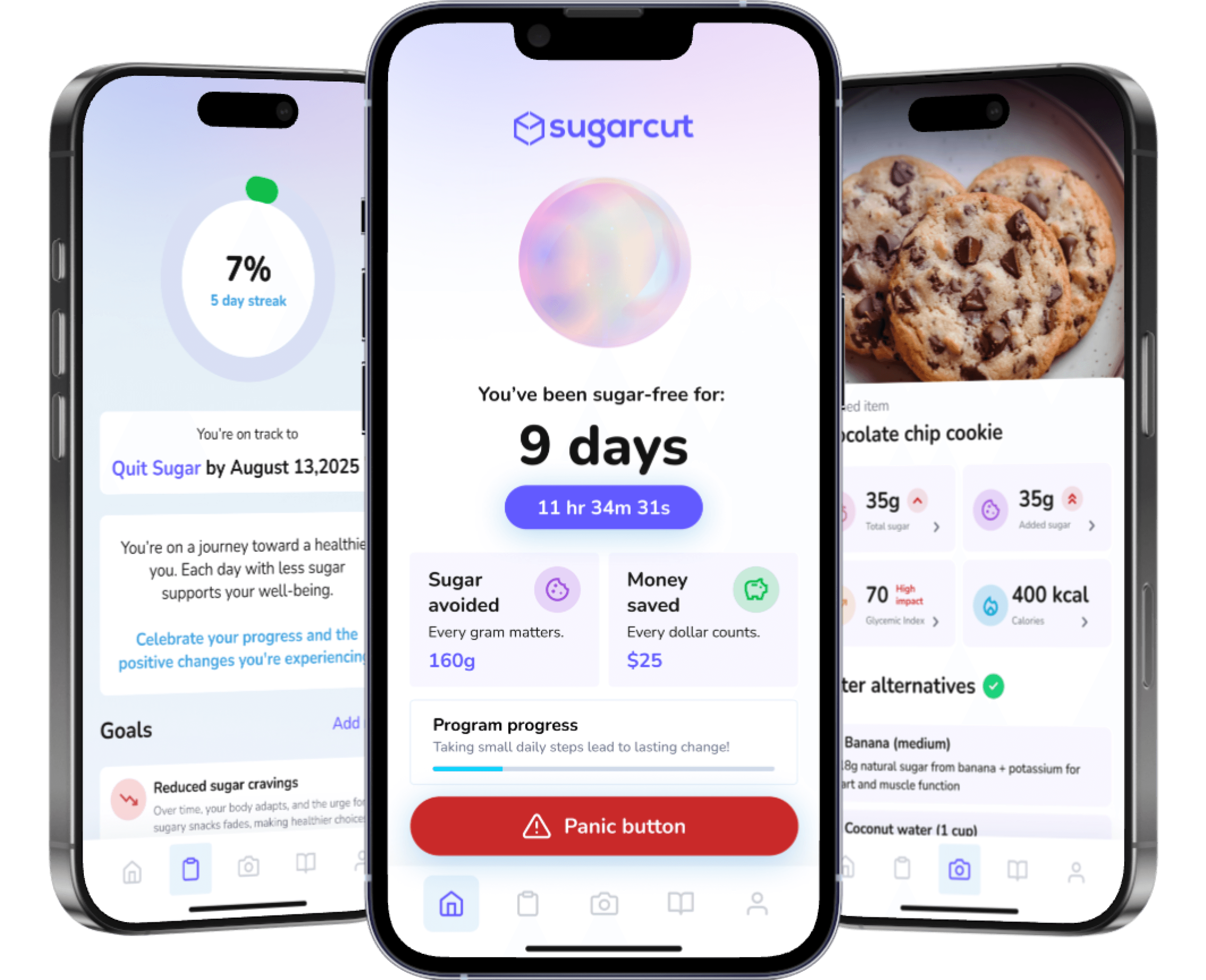 Sugarcut app displayed on three smartphones showing progress tracking, sugar-free streak, and food sugar content
