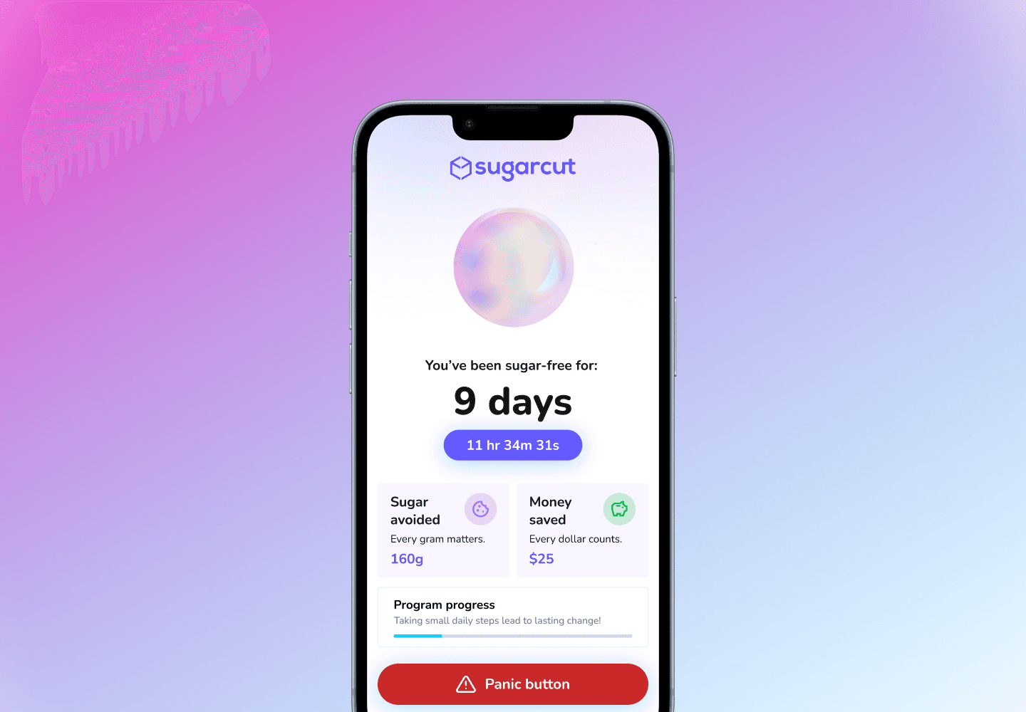 Sugarcut app main screen showing 9 days sugar-free streak, 160 grams of sugar avoided, 25 dollars saved, and program progress