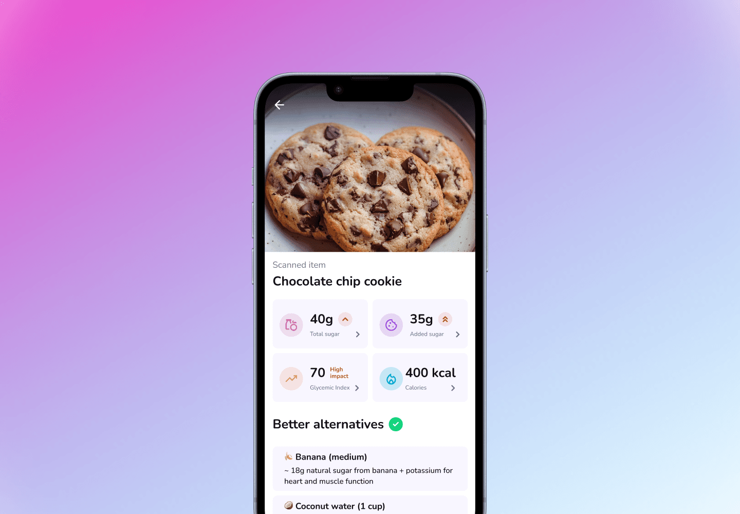 Sugarcut app scanning screen showing chocolate chip cookie nutrition: 35g sugar, high glycemic index, 400 kcal, and healthier alternatives