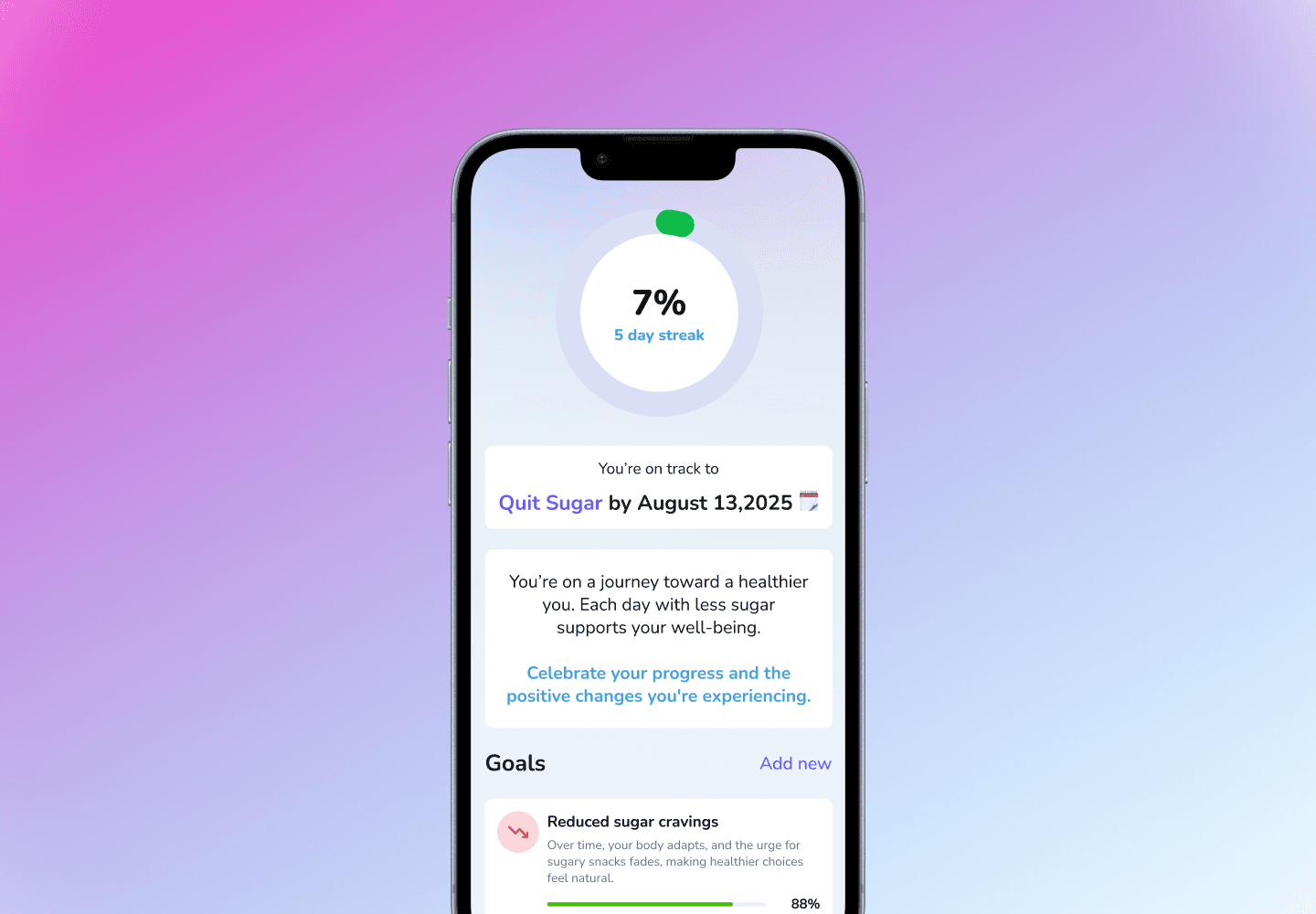 Sugarcut app screen showing 7% progress toward quitting sugar by August 13, 2025, with a 5-day streak and user goals